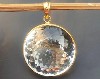 Natural Rock Crystal Unique Round Shape Cut Stone Gemstone Pendant Bezel Link Gold Plated Brass Handmade Designer Fashion Jewelry