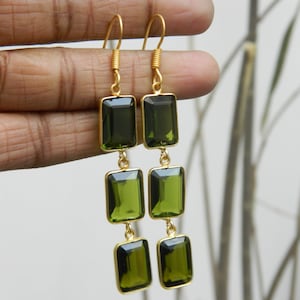 Gold Plated Bezel Setting Green Color Man Made Quartz Earring Unique Designer Handcrafted Gemstone Fashion Jewelry Wedding Bridal Gift Sale