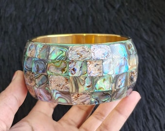 Abalone Shell Bangle, Wide Mother of Pearl Bangle, Gold Tone Statement Jewelry, Boho Gift For Her