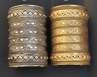 Boho Brass Wide Cuff Bangle, Adjustable Silver & Gold Bracelet