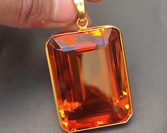 Orange Color Synthetic Stone Faceted Octagon Large Pendant Gold Plated Bezel Set Pendant Unique Designer Fashion Jewelry Findings Supplies
