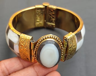 Parelmoer messing armband - handgemaakte boho-manchetarmband