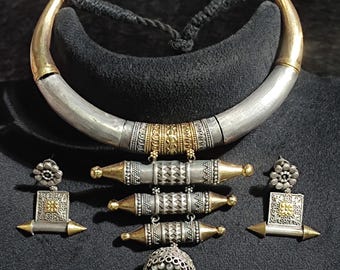 Dual Tone Oxidized Jewelry Set Beautiful Earring & Choker Hasli Necklace Set Ethnic Indian Jewelry For Women Elegant Fashionable jewelry