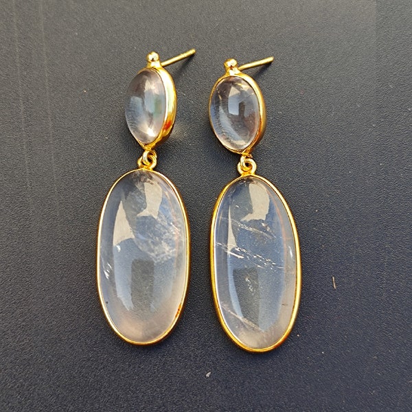 Natural Rock Crystal Quartz Earrings, Gold Plated, Handmade Jewelry