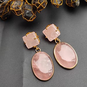 Natural Rose Quartz Gemstone Earrings Smooth Oval With Rough Stud Handcrafted Gold Plated Earrings Birthstone Earrings Jewelry For Women
