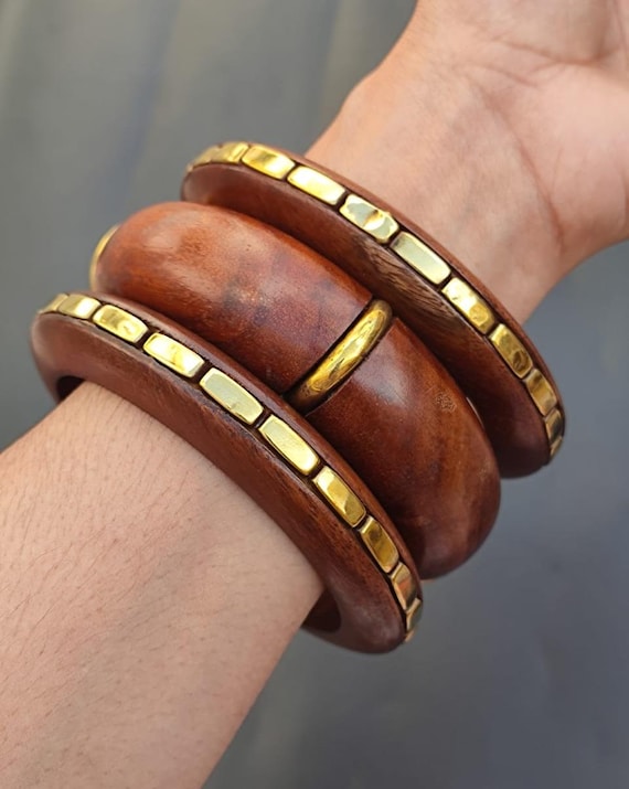 Set of 3 Pcs Wooden Brass Bangle Bracelet Round Shape Real