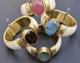 Bone & Wood Bangle Bracelet With Chalcedony Agate, Antique Boho