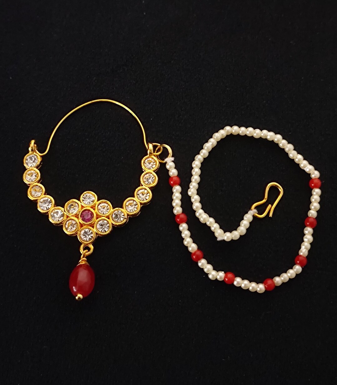 Zircon Red Stone Nose Nath With Pearl Chain Indian Bridal Jewelry Etsy