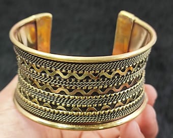 Handmade Brass Cuff Bangle: Bohemian Wide Adjustable Bracelet