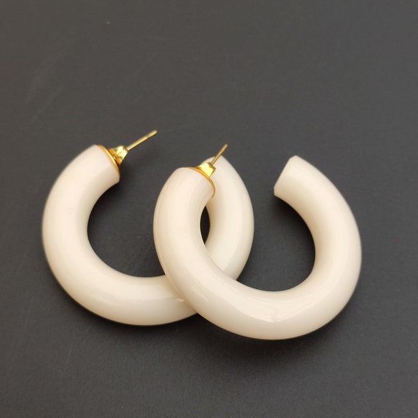 Ivory Color Acrylic Resin Hoop Earrings Chunky Round Hoop Earring Lightweight  Boho Statement Hoop Modern earrings For Women