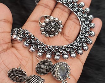 Oxidized Silver Jhumka Set, Ethnic Indian Choker Necklace, Ring Jewelry