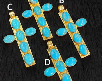 Handmade Gold Plated Brass Turquoise Cross Pendant, Gemstone Jewelry