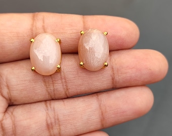 Pendiente de piedra lunar de melocotón con gema auténtica, hecho a mano, con juego de puntas chapado en oro, estilo único, joyería de moda, regalo para ella