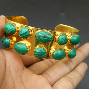 Malachite Synthetic Stones Cabochons Gold Plated Brass Cuff Bangle Bracelet Handmade Bohemian Antique Vintage Style Designer Fashion Jewelry