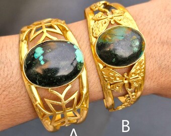 Tibetan Turquoise Gold Plated Cuff Bangle - Bohemian Brass Bracelet