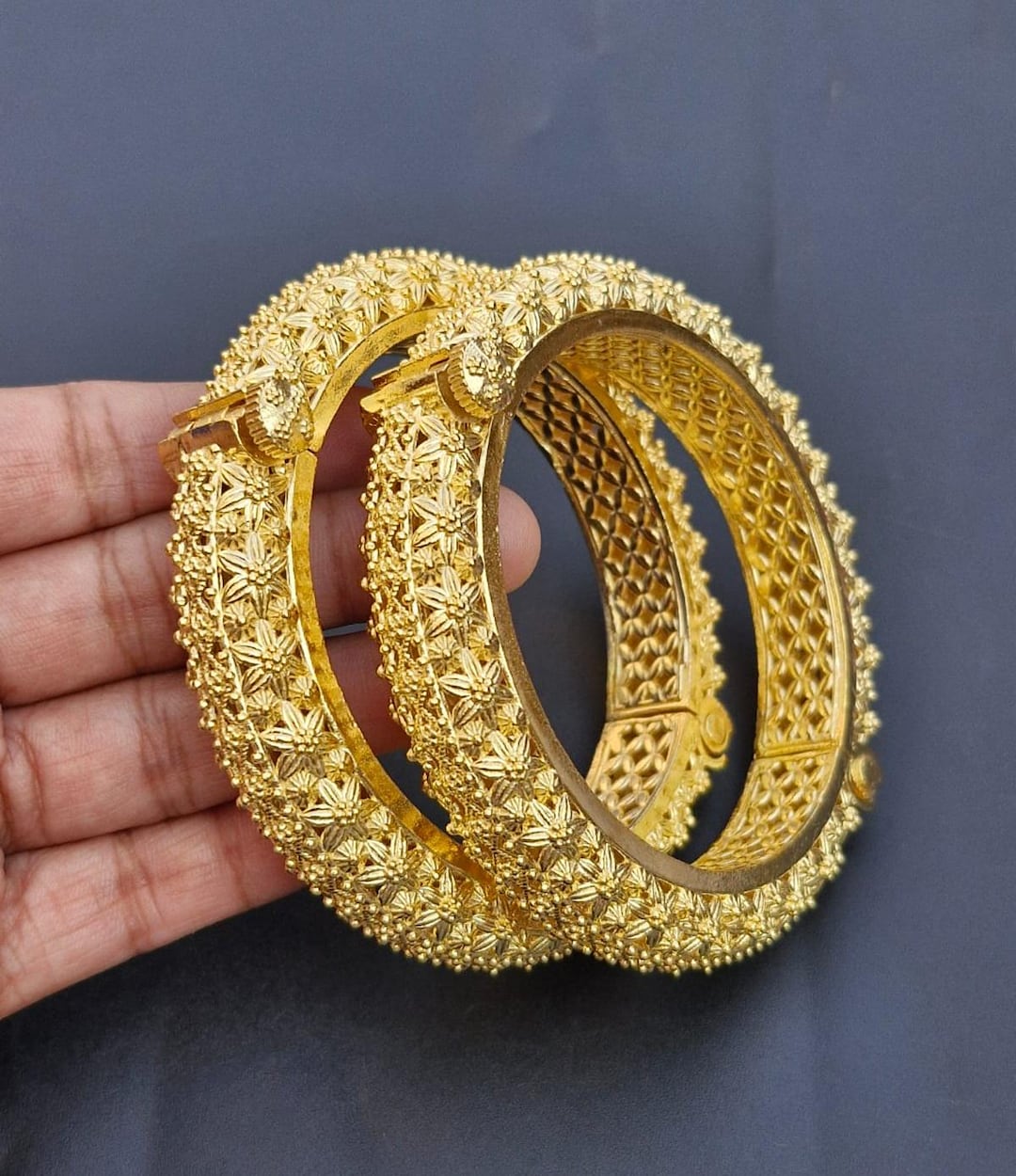 Gold Plated Brass Bangles, Floral Indian Kada Bracelet (set of 2