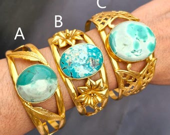 Handcrafted Turquoise Cuff Bangle, Gold Plated Brass, Bohemian Tribal Jewelry