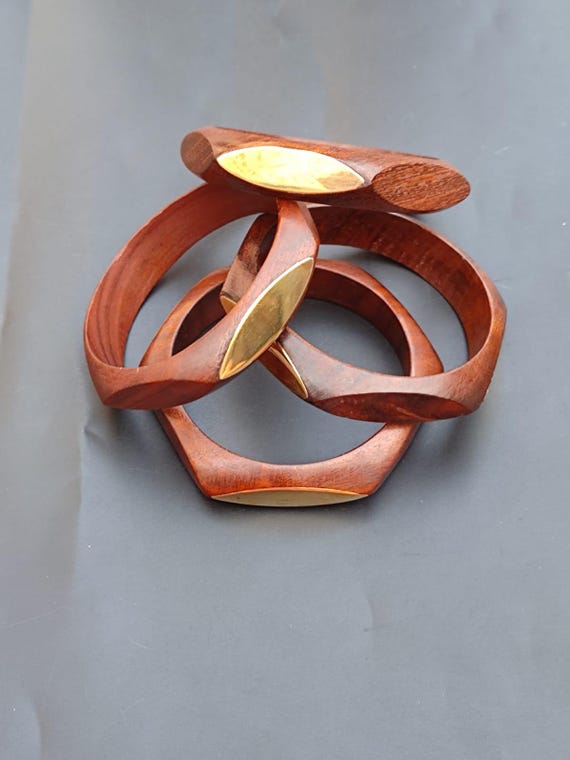 Set of 4 Pcs Wooden Brass Bangle Bracelet Hexagon Shape Real