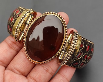 Vintage Aventurine Agate Bangle Bracelet, Handmade Boho Brass Jewelry