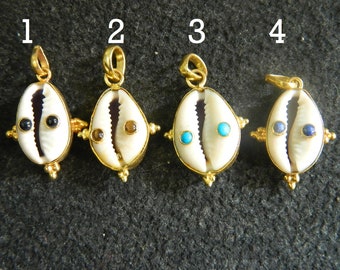 Natural Shell Cowrie Handmade Designer Pendant Multi Color Gemstone Gold Plated Brass Pendant Fashion Jewelry Statement Pendant Gift Sale