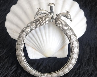 Handmade Oxidized Silver Tone Cuff Peacock Brass Bracelet Boho Tribal Jewelry, Adjustable Open Cuff, Statement Bracelet