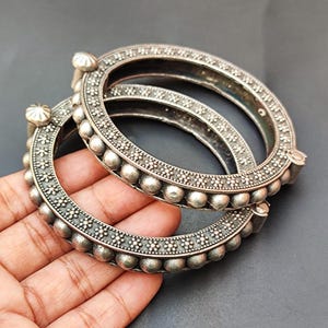 Matching Pair Floral Motif Oxidized Silver Bangle Bracelet (kada) Openable Handcrafted Vintage Style Antique Look Indian Traditional Jewelry