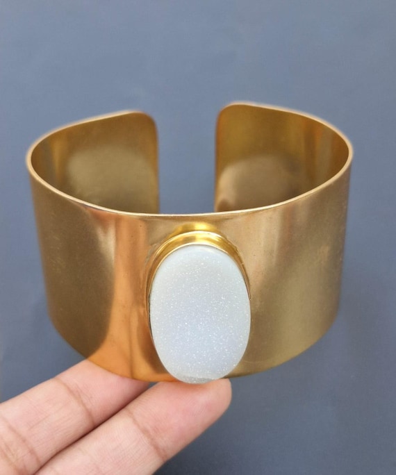 Gold Plated Brass Cuff Bangle, Natural Sugar Druzy, Vintage Bohemian Style