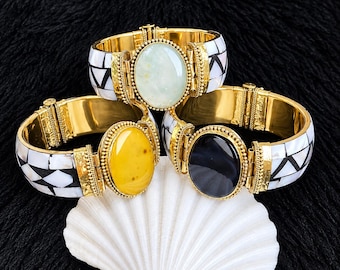 Handmade Stone Bangle: Gold Brass, Mother of Pearl, Boho Antique Jewelry