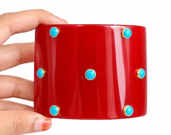 Handmade Buffalo Horn Ethically Sourced  Cuff Bangle with Black Onyx & Turquoise Gemstone Gift For her.