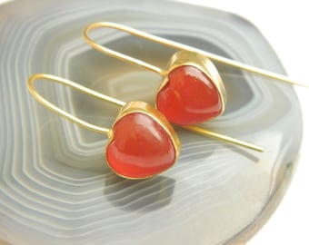 Handmade Carnelian Heart Dangle Earrings, Gold Plated