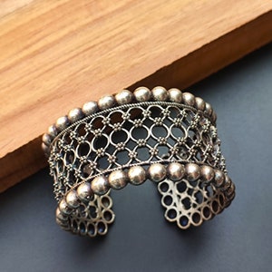 Silver Oxidized Brass Cuff Bangle Bracelet Adjustable Bangle Kada Bohemian Handmade Traditional Antique Vintage Style Filigree Art Jewelry