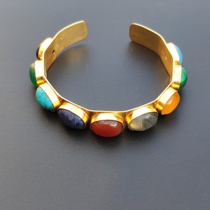 Multi Color Gemstone Cabochons Gold Plated Brass Cuff Bangle Bracelet Handmade Bohemian Antique look Vintage Style Designer Fashion Jewelry