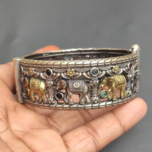 Dual Tone Elephant Brass Bangle Bracelet (kada) For Women Oxidized Openable Screw Bangle Handmade Antique Look Vintage Style Jewelry-1 Piece
