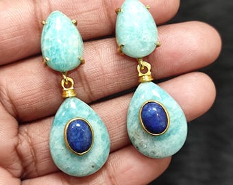 Natural Amazonite Pear Drop With Lapis Gemstone Earring Prong Set Gold Plated Statement Earring Amazonite jewelry Birthday Gift For Women
