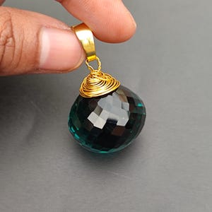 Teal Green Color Synthetic Quartz Faceted Onion Shape Gold Plated Wire Wrapped Pendant Handmade Unique Fashionable Drop Pendant Gift
