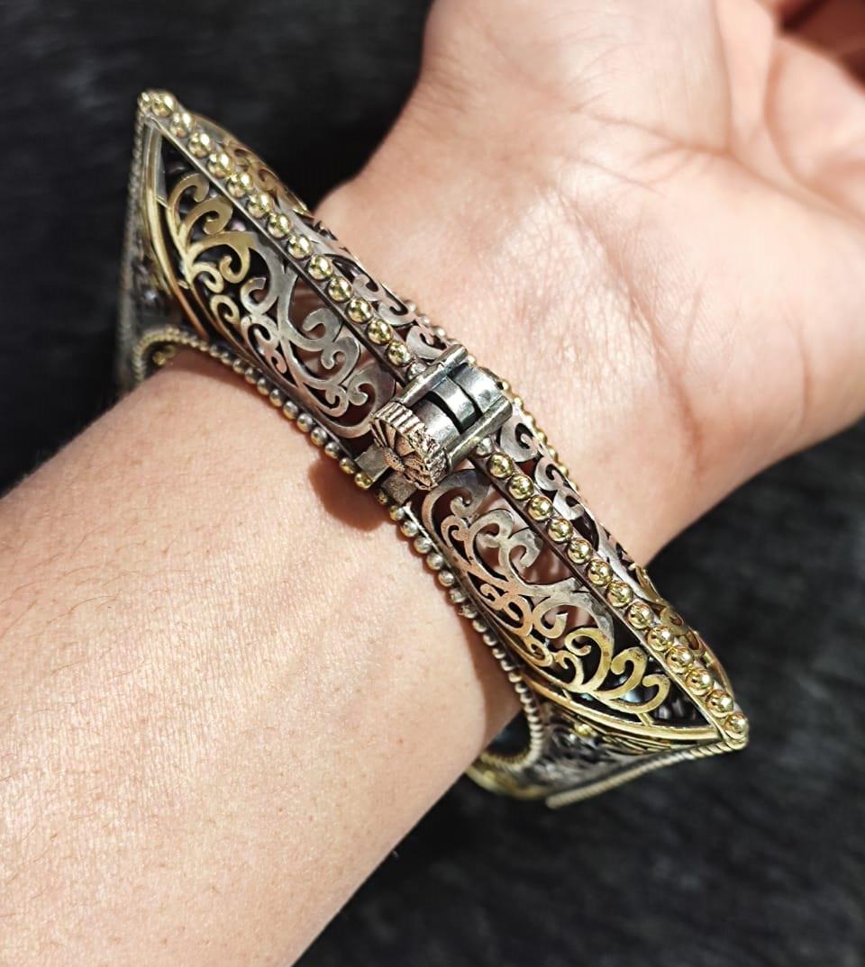 Oxidized Silver Bangle Bracelet, Hand-carved Brass, Vintage Style
