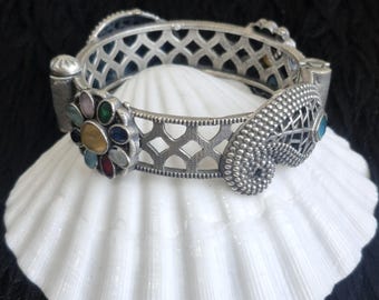 Brass Bangle Bracelet: Antique Style Indian Traditional Oxidized Silver Multi Stone Boho Jewelry, Ethnic Statement Bangles Jewelry