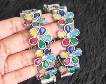 Brass Bangle Set Bracelet: Antique Style Indian Traditional Oxidized Silver Multi Stone Boho Jewelry,  Ethnic Statement Bangles Jewelry