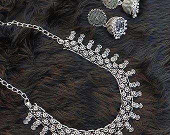 Oxidized Silver Jhumka Set: Ethnic Indian Choker, Fashion Jewelry