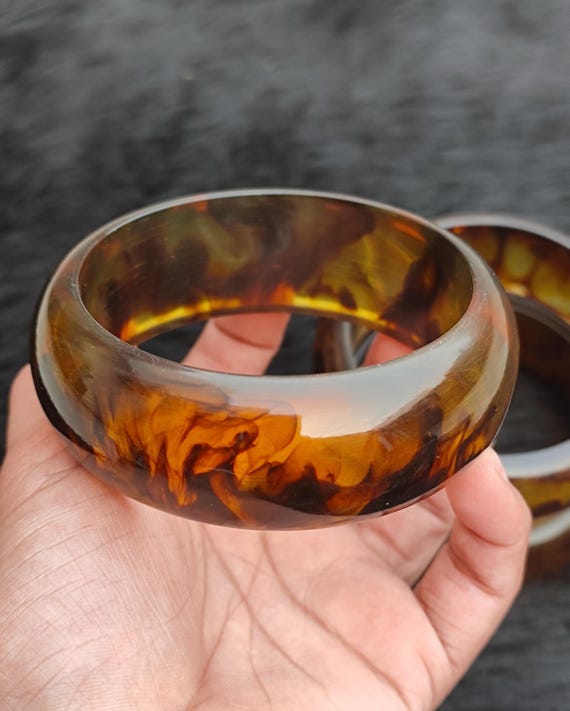 Bracelet Jonc Large En Résine Colorée - Design Géométrique Marbré, Vintage - Pour Femme