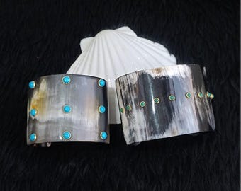Handmade Buffalo Horn Ethically Sourced Cuff Bangle with Crysoparise & Turquoise Gemstone Gift For her.