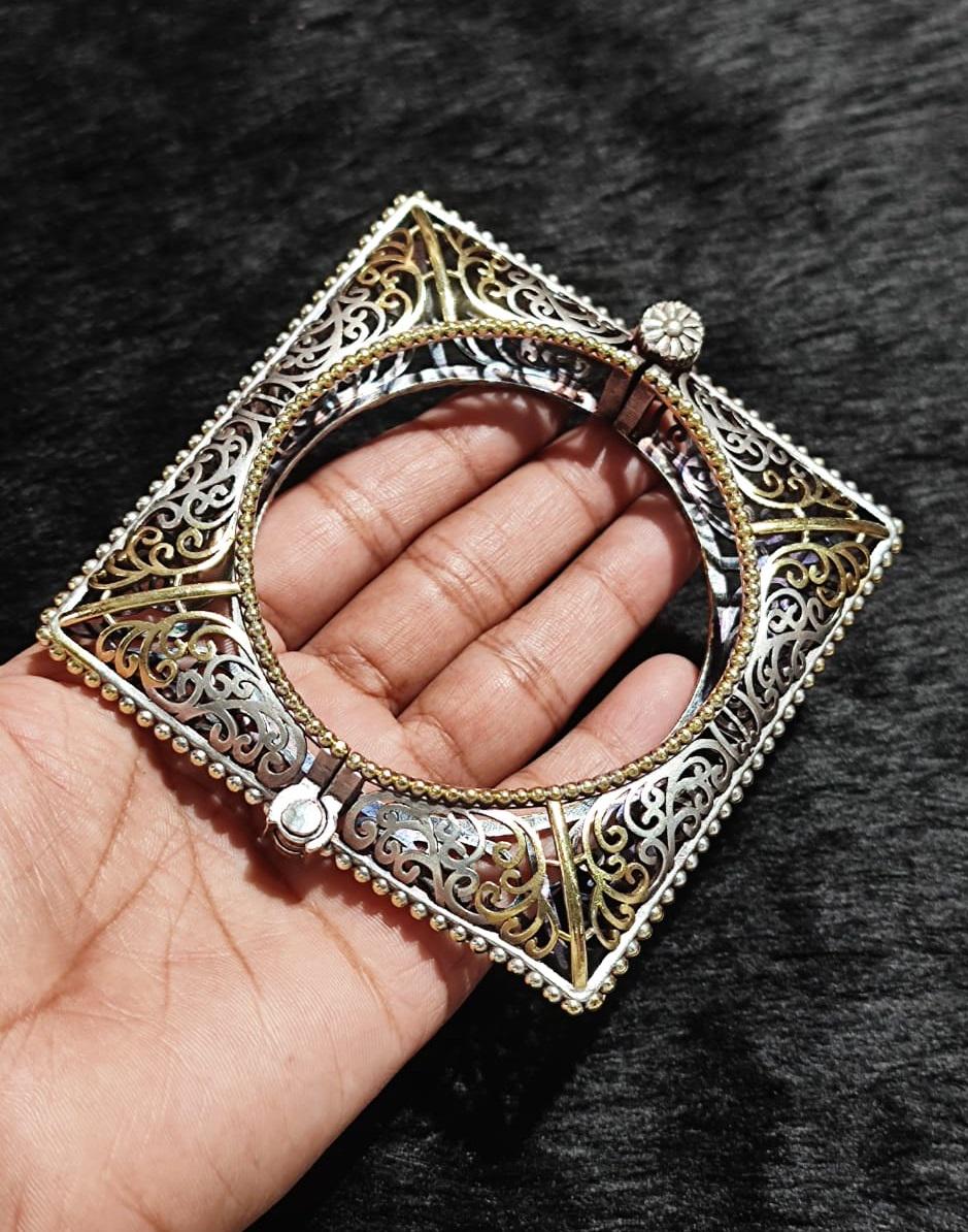 Oxidized Silver Bangle Bracelet, Hand-carved Brass, Vintage Style