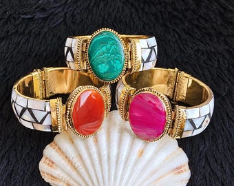 Handmade Stone Bangle: Gold Brass, Mother of Pearl, Boho Antique Jewelry