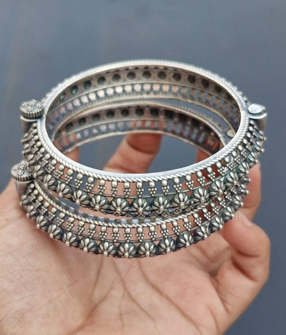 Oxidized Silver Bangle Bracelet Set, Floral Motif Indian Kada