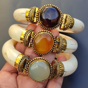 Horn Bone Jewelry Ethically Sourced Buffalo Bone Agate Chalcedony Bangle Bracelet Handmade Boho Vintage Style Antique Finish jewelry for Her