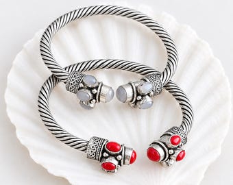 Handmade Oxidized Silver Tone Cuff Bracelet Boho Tribal Jewelry, Adjustable Open Cuff, Statement Bracelet