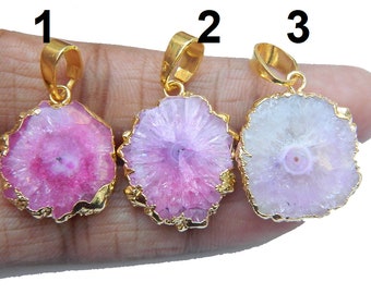 Pink Solar Quartz Pendant Geode Stone Gold electroplated pendant Stalactite Slice Gemstone Handmade DIY Fashion jewelry Finding Gift