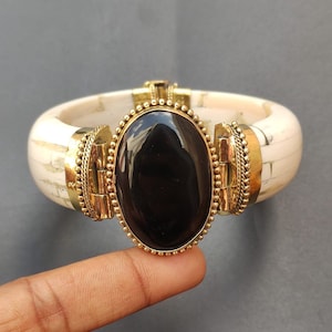 Horn Bone Jewelry Ethically Sourced Buffalo Bone Black onyx stone Bangle Bracelet Handmade Boho Vintage Style Antique Finish jewelry For Her