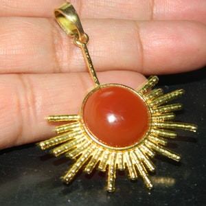 Natural Carnelian Sun Burst Pendant Gold Plated Healing Jewelry Stone August Birthstone Unique Designer Exclusive Bohemian Tribal Gift Sale