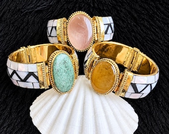 Handmade Stone Bangle: Gold Brass, Mother of Pearl, Boho Antique Jewelry